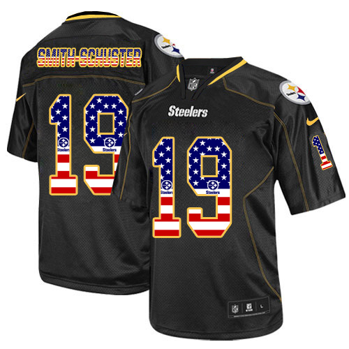 Nike Steelers #19 JuJu Smith-Schuster Black Men's Stitched NFL Elite USA Flag Fashion Jersey - Click Image to Close